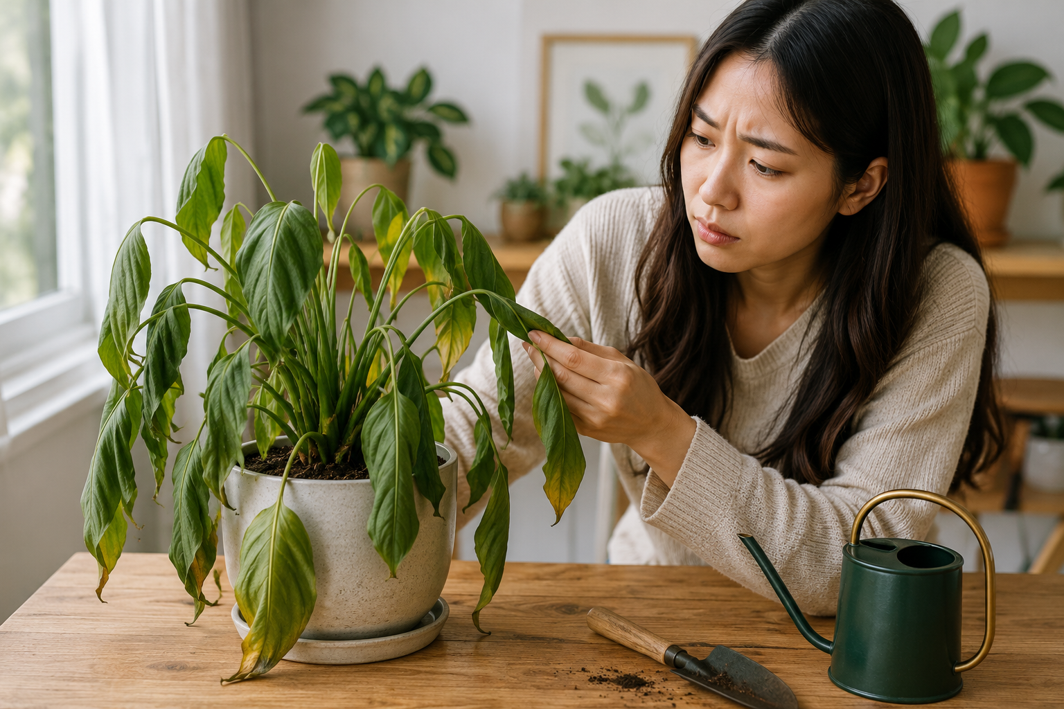 Woman checking a drooping indoor plant at home