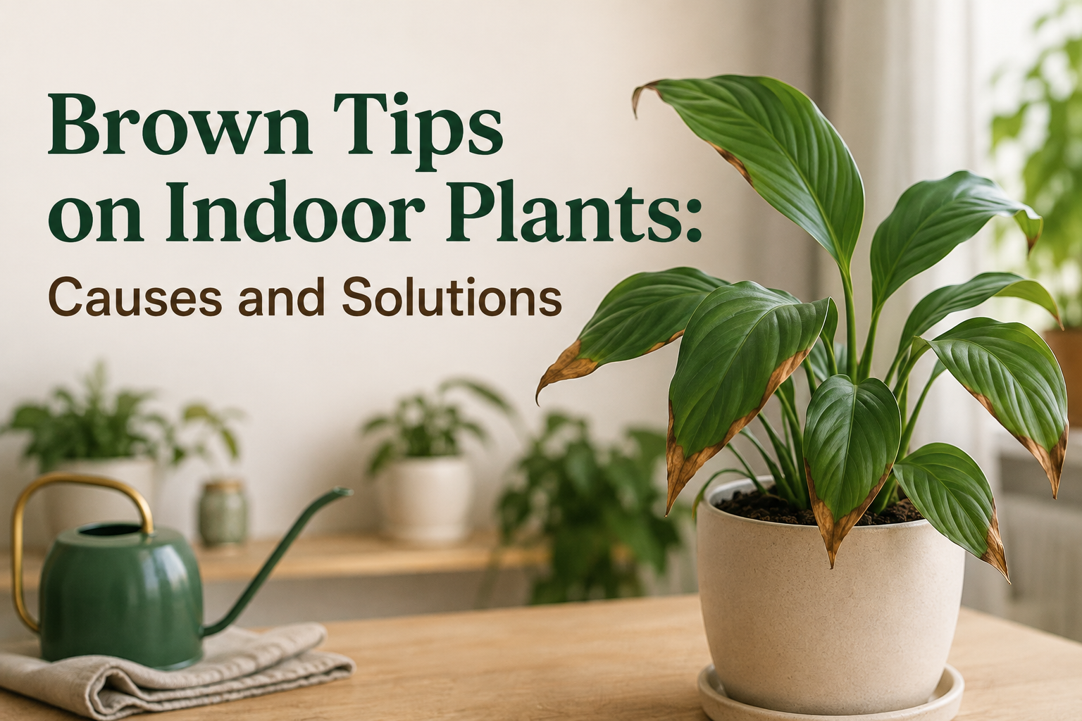 Indoor plant with brown leaf tips in a bright home