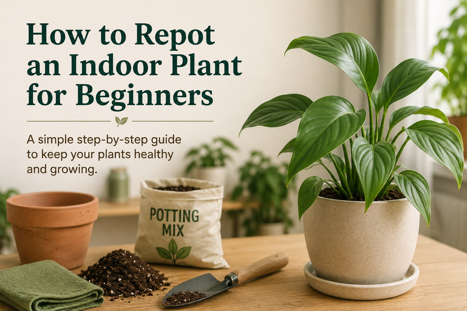 Repotting an indoor plant with fresh potting mix and a new pot
