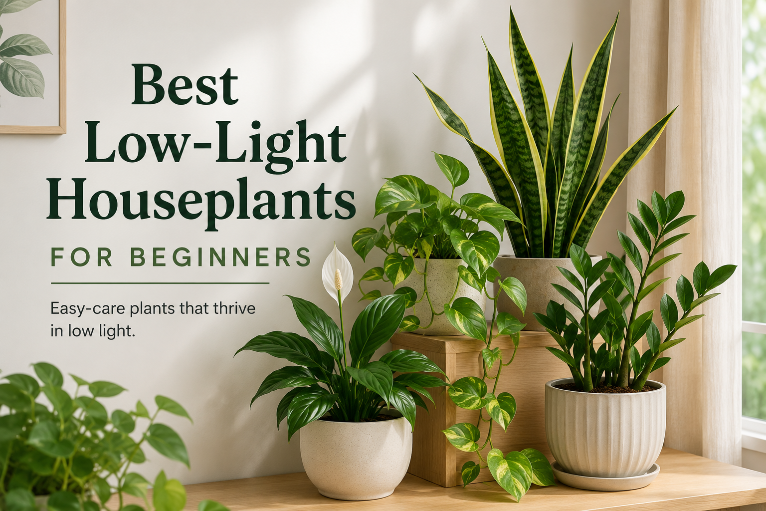 Low-light houseplants for beginners including snake plant, pothos, peace lily, and ZZ plant