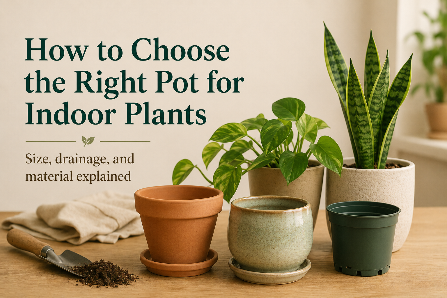 Different indoor plant pots in terracotta, ceramic, and plastic
