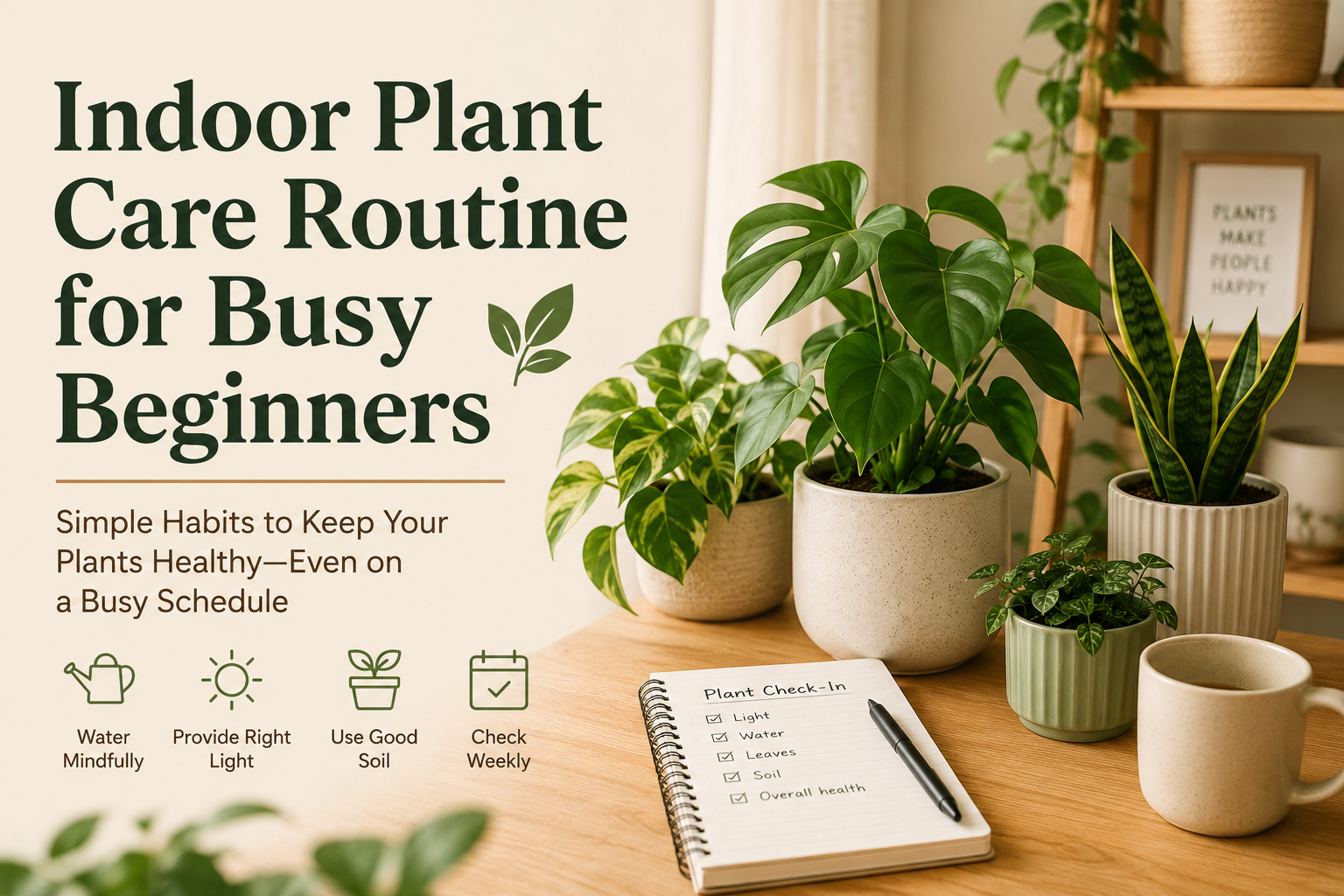 Indoor plant care routine with houseplants and a weekly plant check notebook