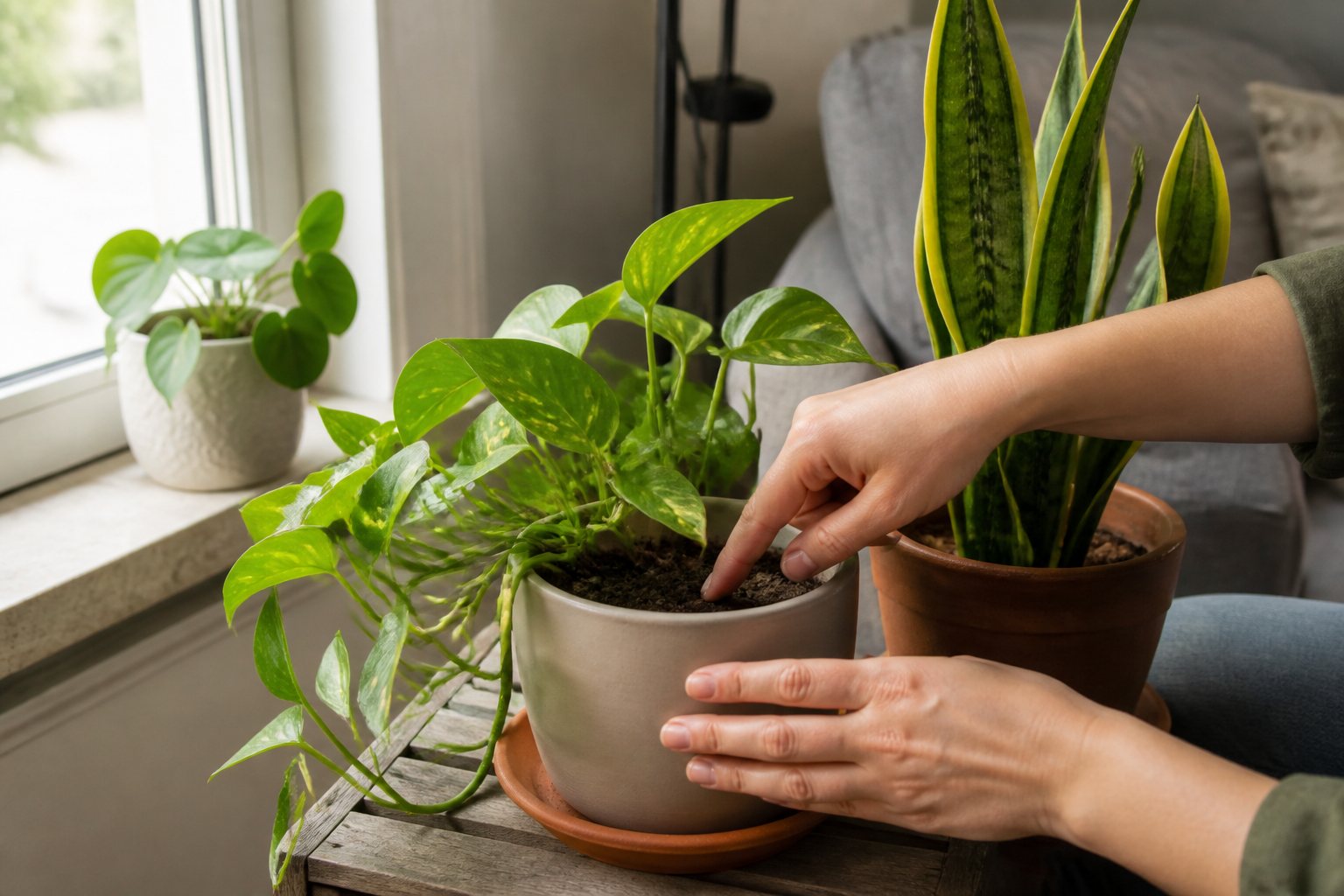 beginner checking soil before watering indoor plants