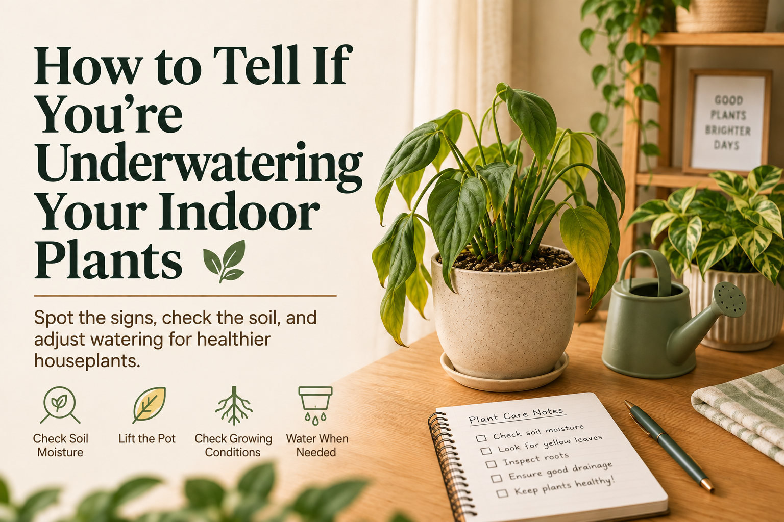 Signs you’re underwatering your indoor plants, including drooping leaves and dry soil