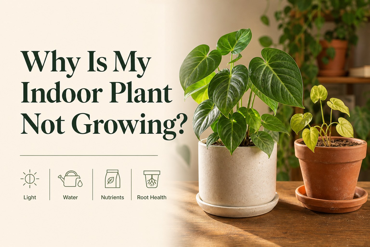 Comparison of healthy versus stunted indoor plant growth indoors